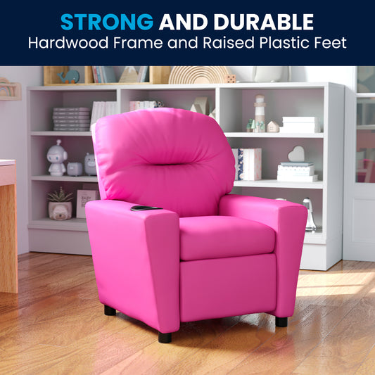 Chandler Contemporary Hot Pink Vinyl Kids Recliner with Cup Holder Hot Pink Vinyl
