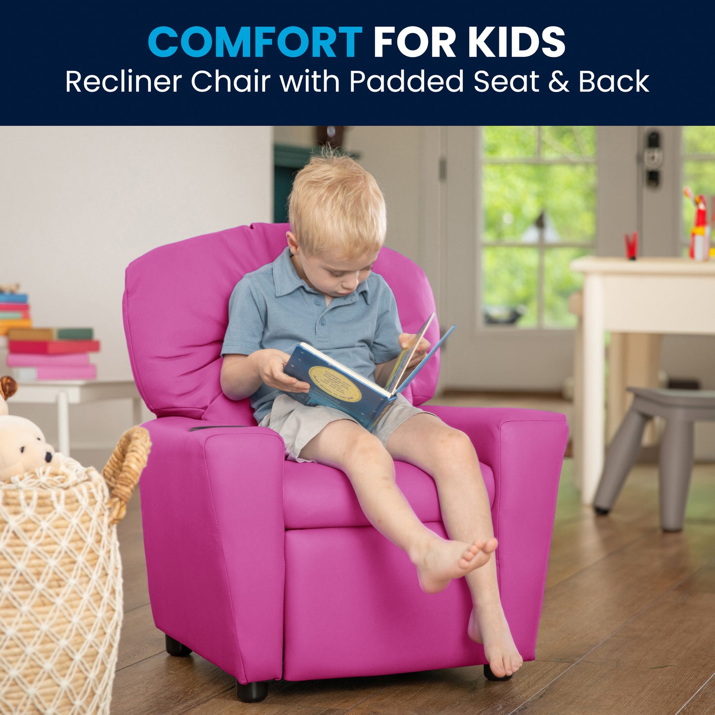 Chandler Contemporary Hot Pink Vinyl Kids Recliner with Cup Holder Hot Pink Vinyl