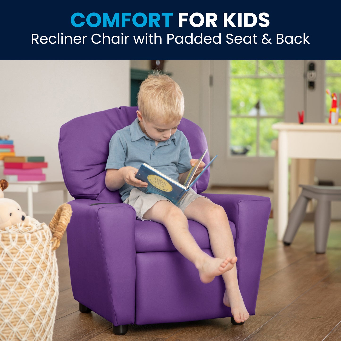 Chandler Contemporary Lavender Vinyl Kids Recliner with Cup Holder Lavender Vinyl