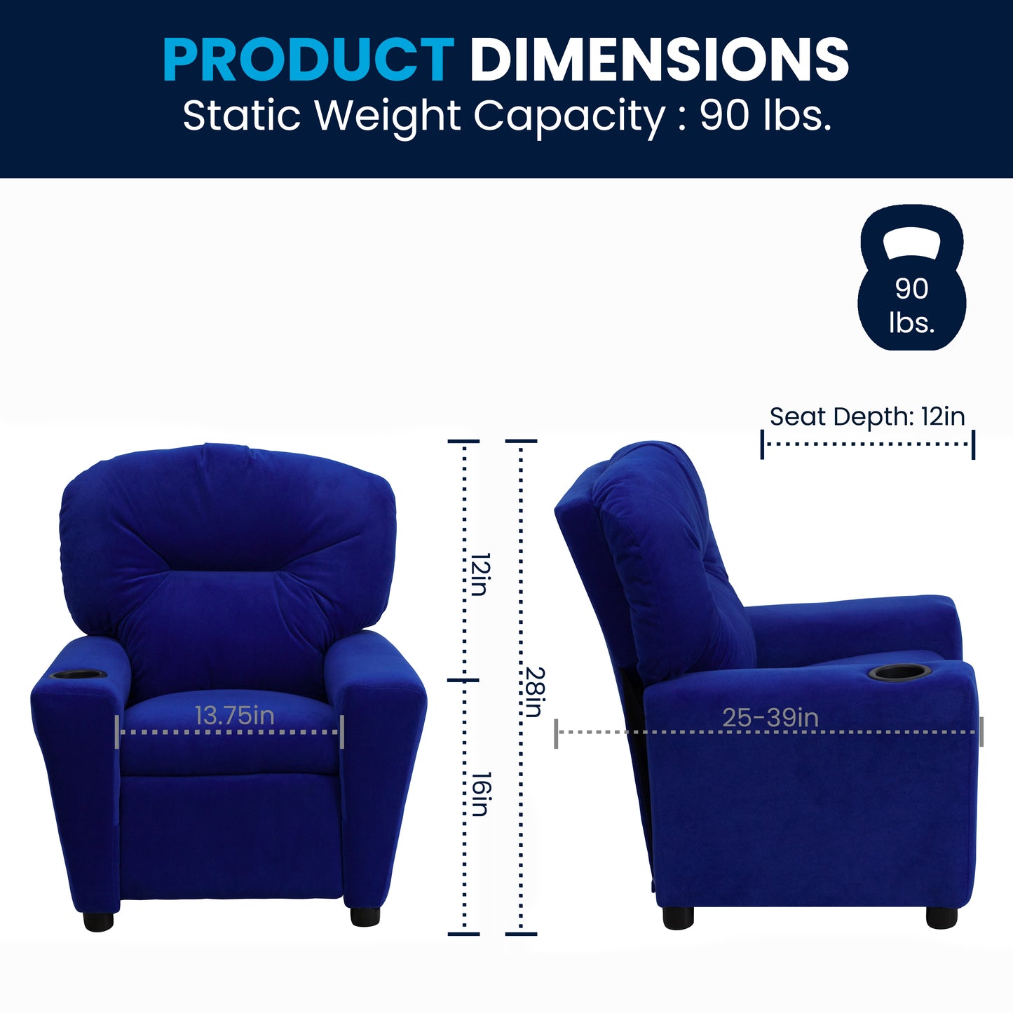 Chandler Contemporary Blue Microfiber Kids Recliner with Cup Holder Blue Microfiber