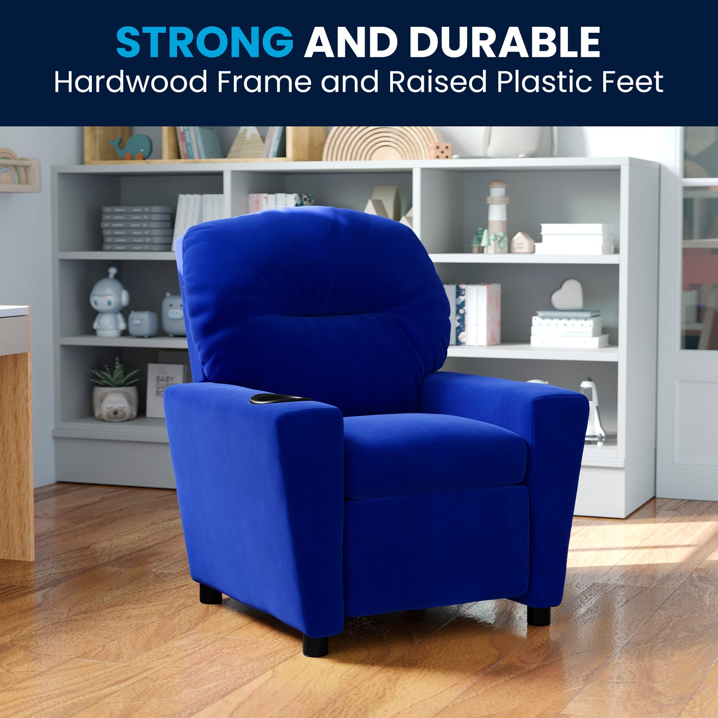 Chandler Contemporary Blue Microfiber Kids Recliner with Cup Holder Blue Microfiber