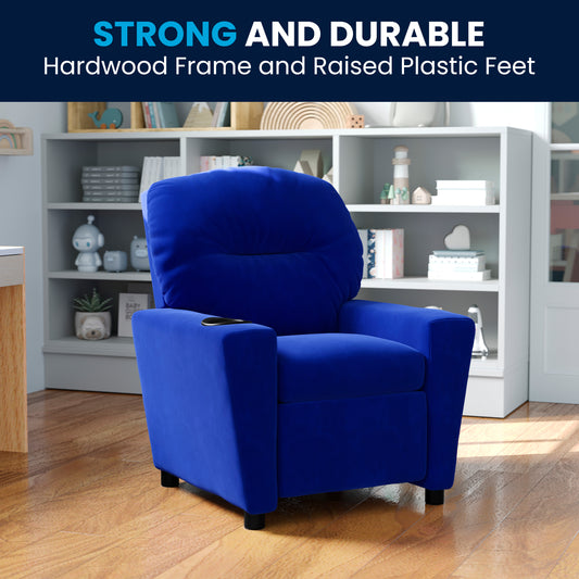 Chandler Contemporary Blue Microfiber Kids Recliner with Cup Holder Blue Microfiber