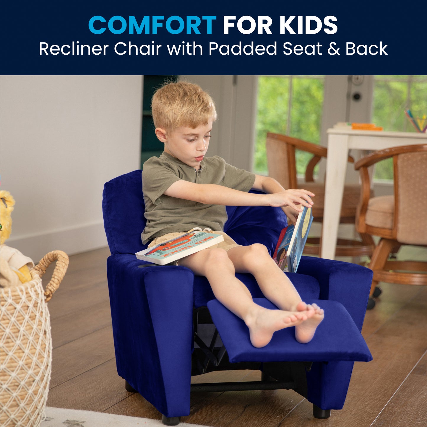 Chandler Contemporary Blue Microfiber Kids Recliner with Cup Holder Blue Microfiber