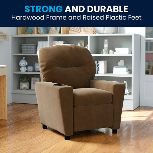 Chandler Contemporary Brown Microfiber Kids Recliner with Cup Holder Brown Microfiber