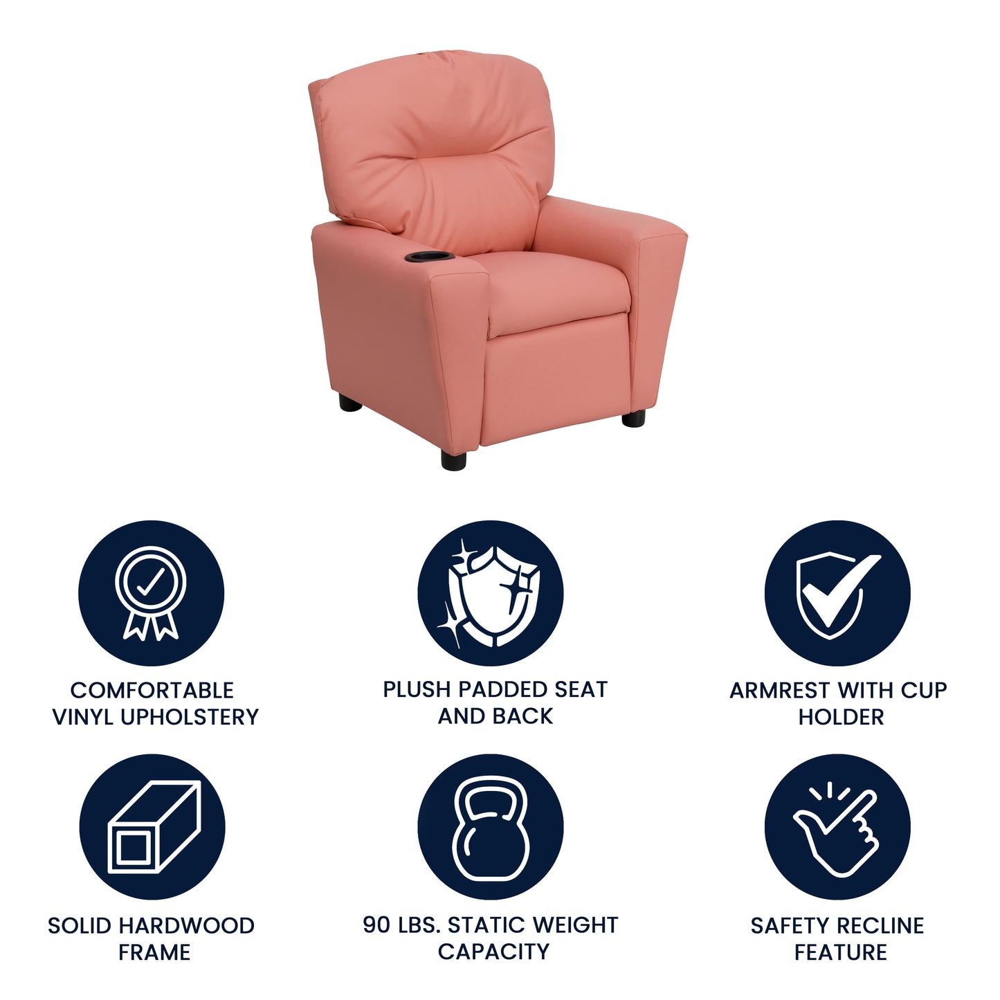 Chandler Contemporary Pink Vinyl Kids Recliner with Cup Holder Pink Vinyl BT-7950-KID-PINK-GG
