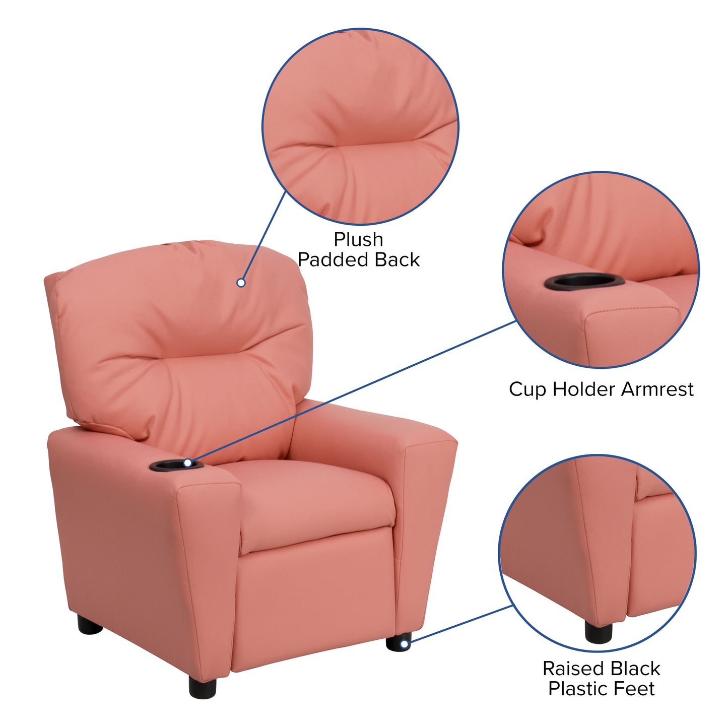 Chandler Contemporary Pink Vinyl Kids Recliner with Cup Holder Pink Vinyl BT-7950-KID-PINK-GG