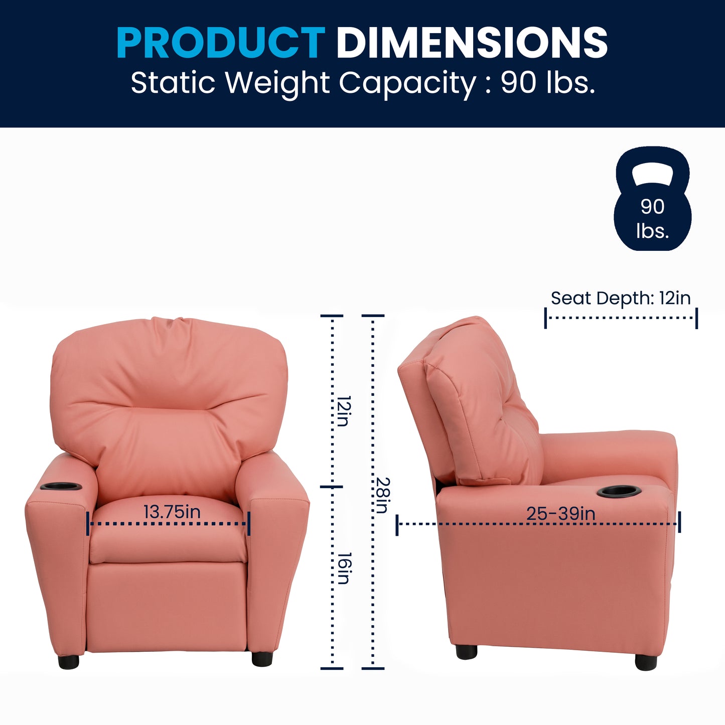 Chandler Contemporary Pink Vinyl Kids Recliner with Cup Holder Pink Vinyl BT-7950-KID-PINK-GG