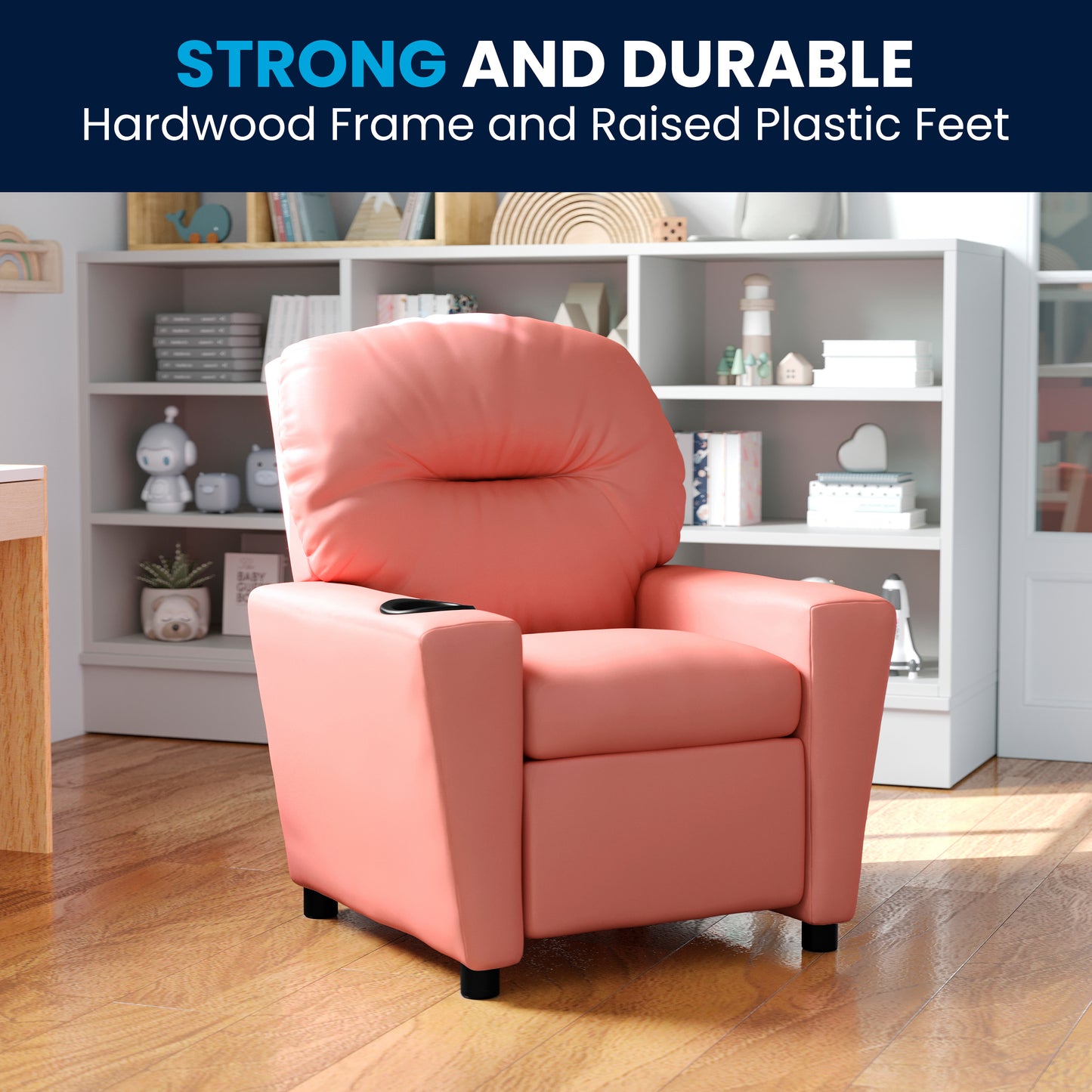 Chandler Contemporary Pink Vinyl Kids Recliner with Cup Holder Pink Vinyl BT-7950-KID-PINK-GG