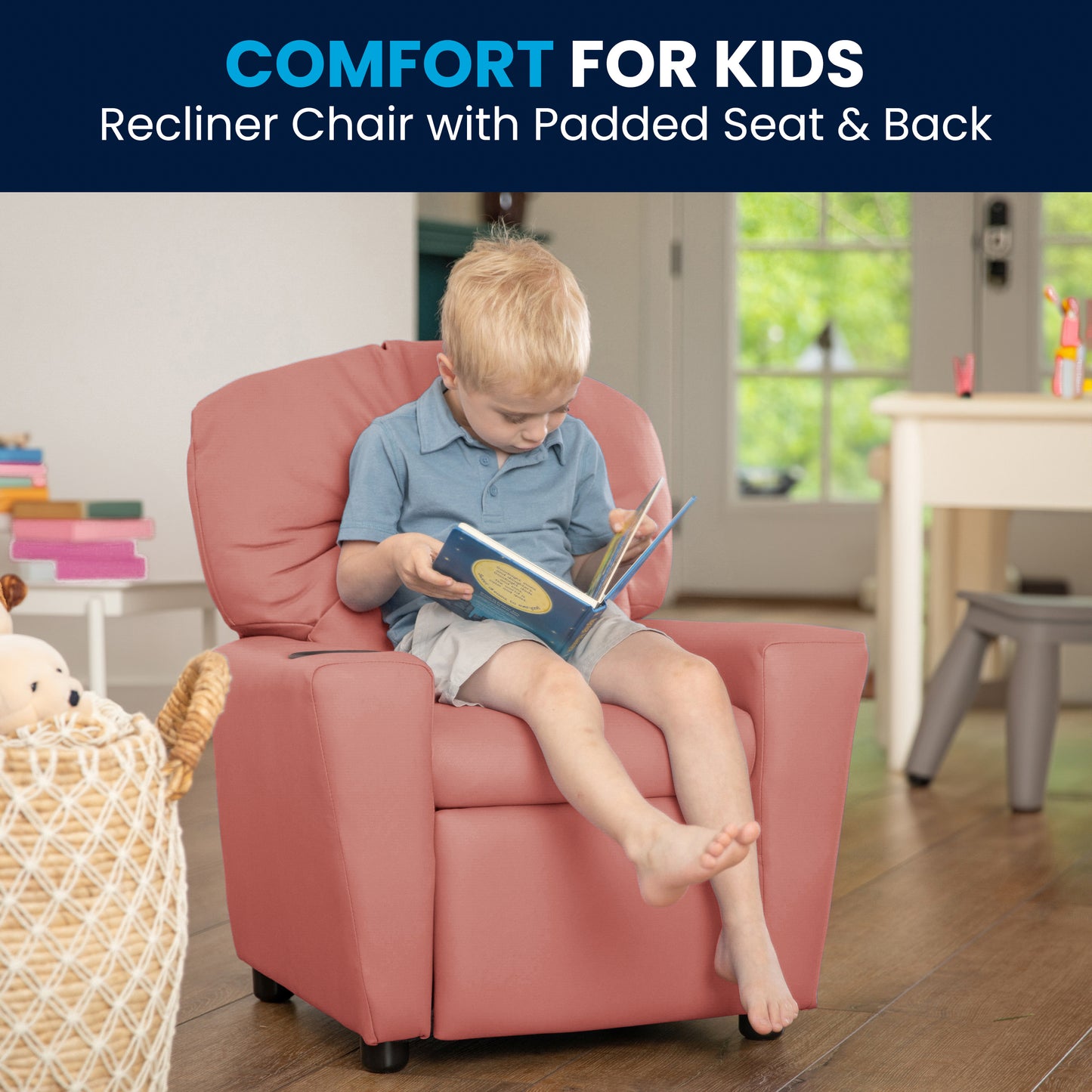 Chandler Contemporary Pink Vinyl Kids Recliner with Cup Holder Pink Vinyl BT-7950-KID-PINK-GG