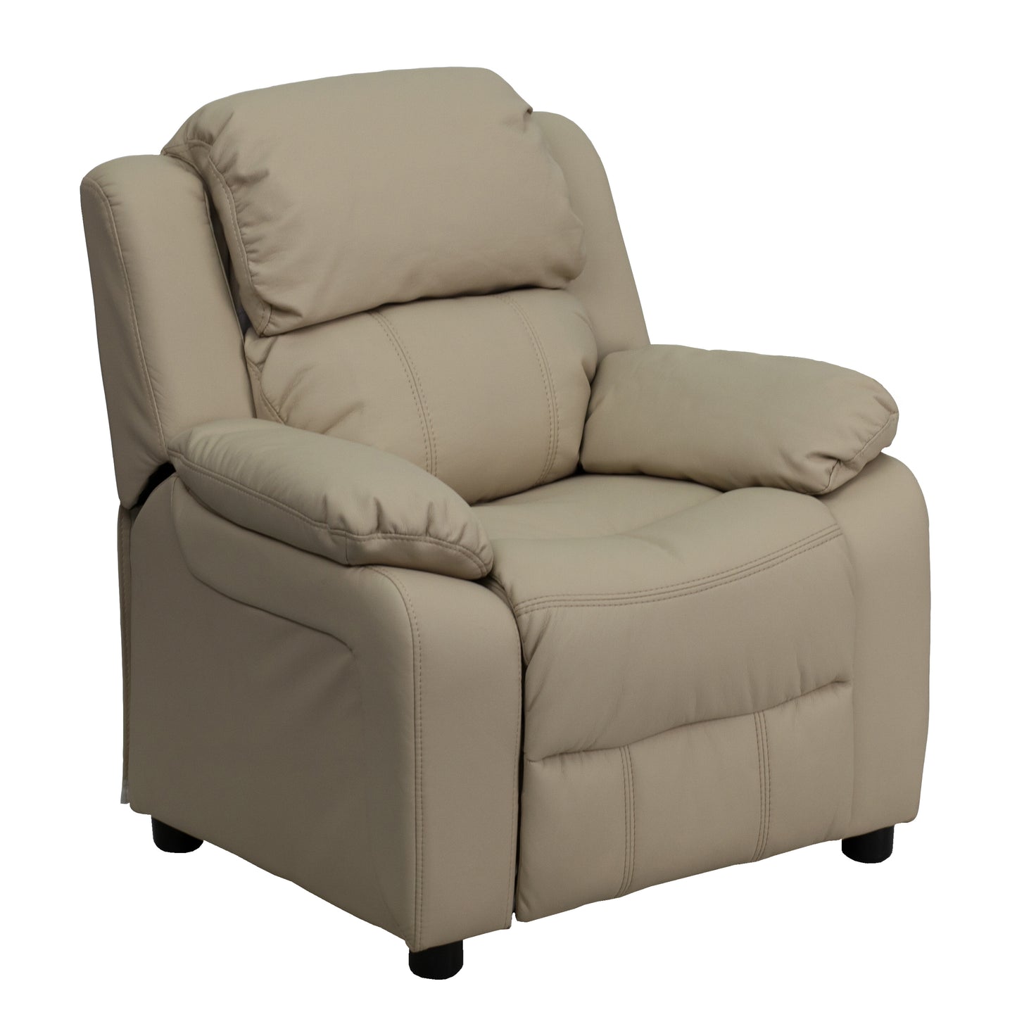 Charlie Deluxe Padded Contemporary Beige Vinyl Kids Recliner with Storage Arms Beige Vinyl