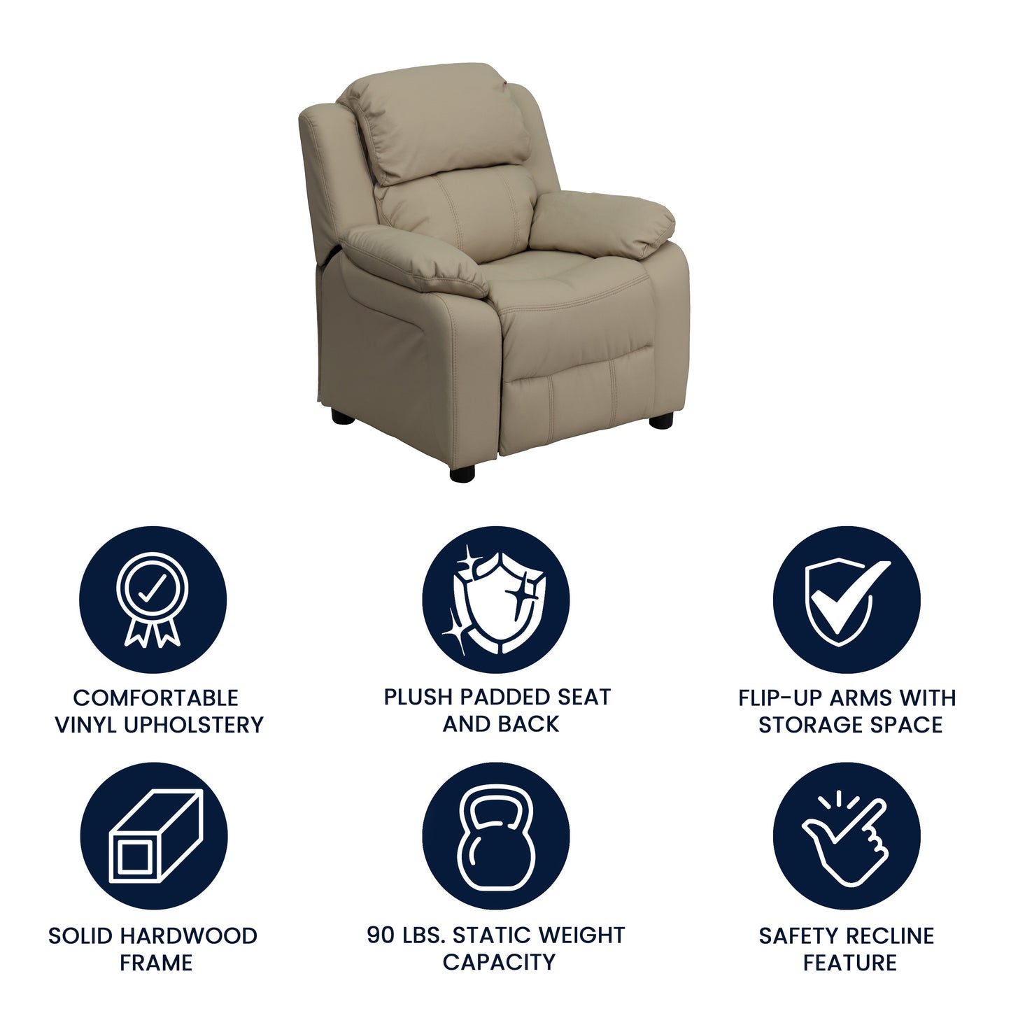 Charlie Deluxe Padded Contemporary Beige Vinyl Kids Recliner with Storage Arms Beige Vinyl