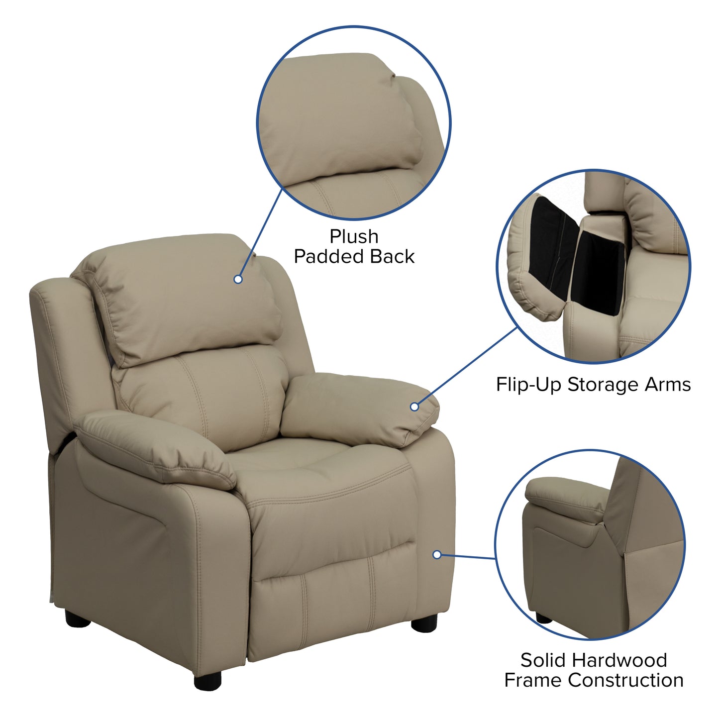 Charlie Deluxe Padded Contemporary Beige Vinyl Kids Recliner with Storage Arms Beige Vinyl