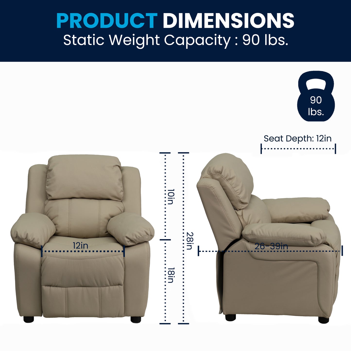 Charlie Deluxe Padded Contemporary Beige Vinyl Kids Recliner with Storage Arms Beige Vinyl