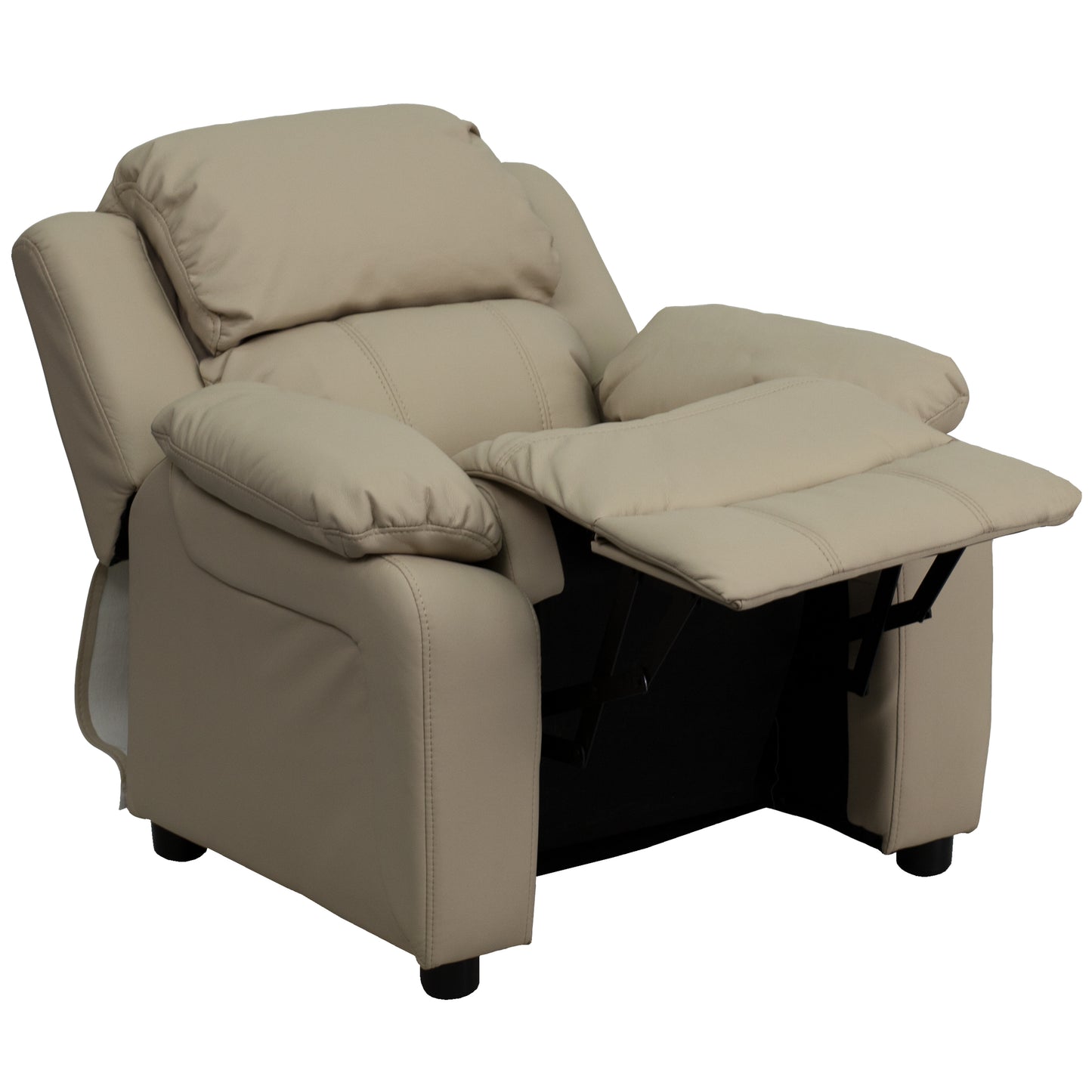 Charlie Deluxe Padded Contemporary Beige Vinyl Kids Recliner with Storage Arms Beige Vinyl