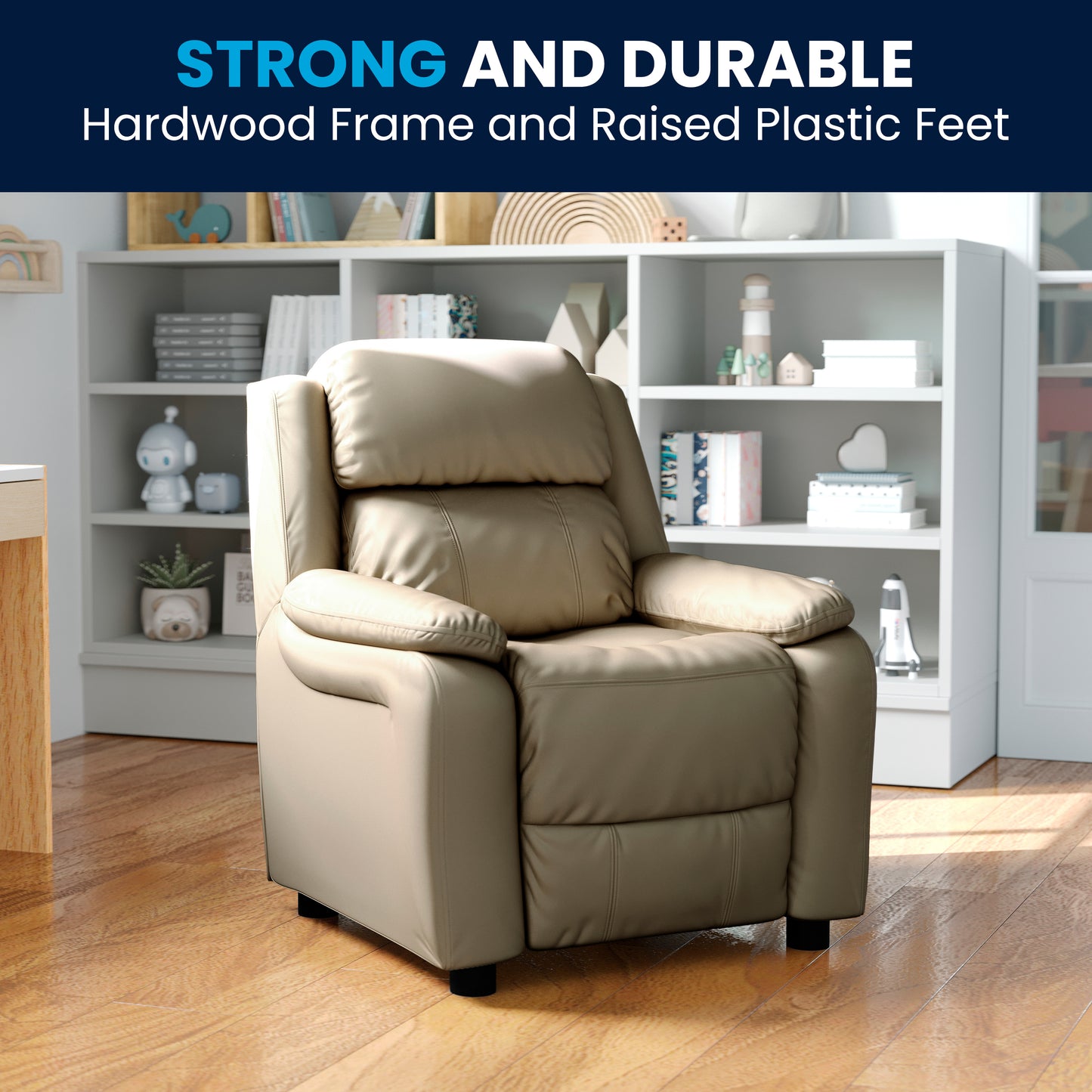 Charlie Deluxe Padded Contemporary Beige Vinyl Kids Recliner with Storage Arms Beige Vinyl