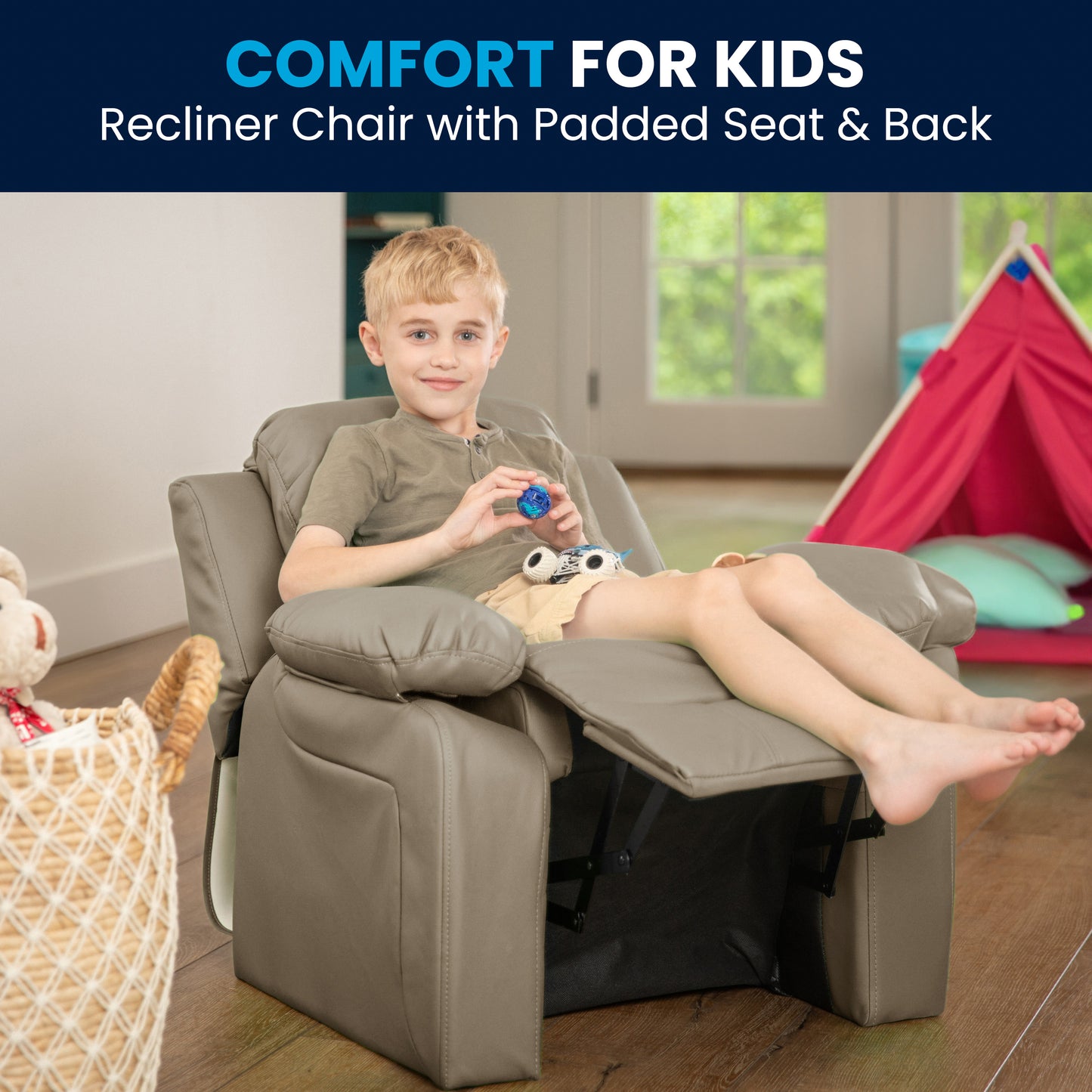 Charlie Deluxe Padded Contemporary Beige Vinyl Kids Recliner with Storage Arms Beige Vinyl