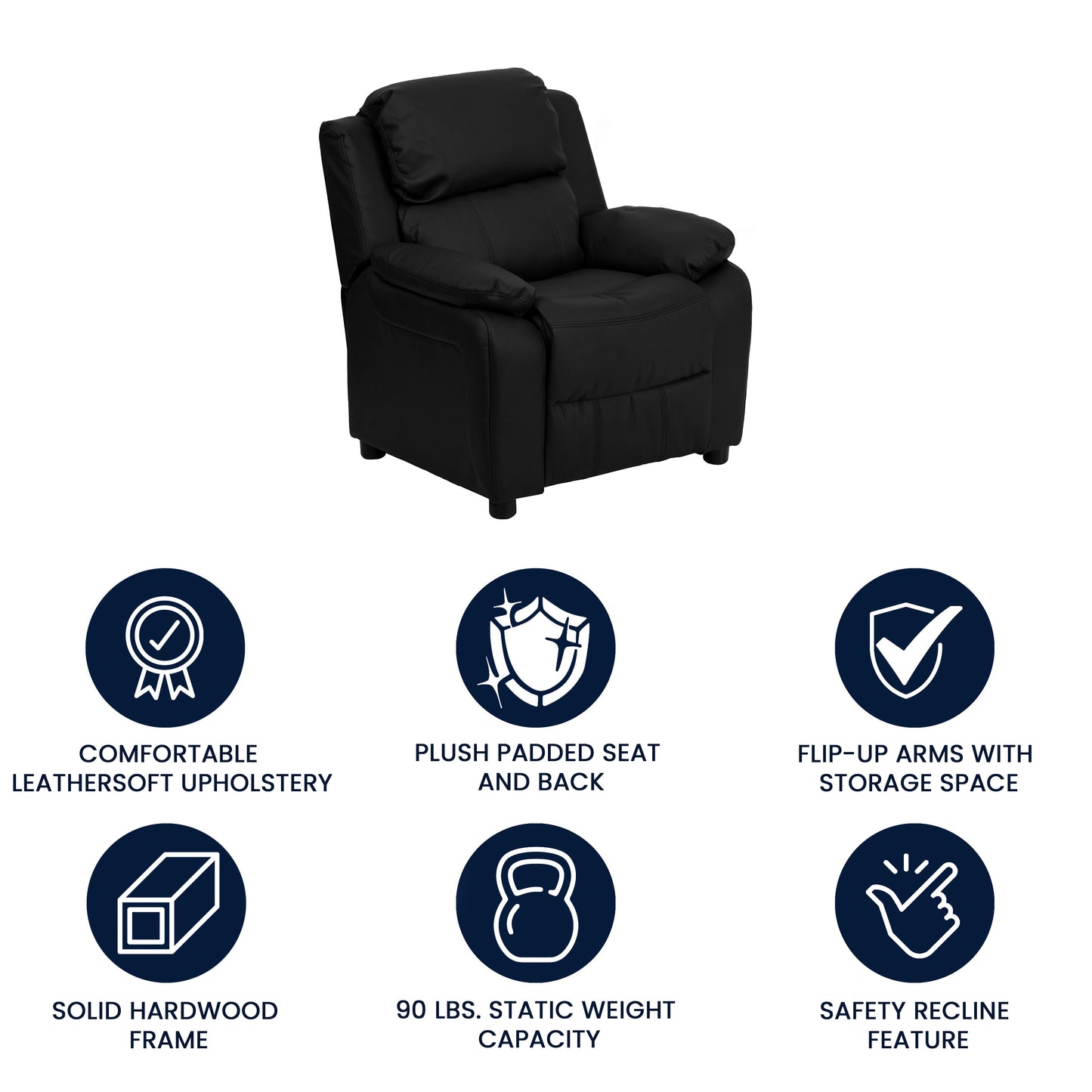 Charlie Deluxe Padded Contemporary Black LeatherSoft Kids Recliner with Storage Arms Black LeatherSoft