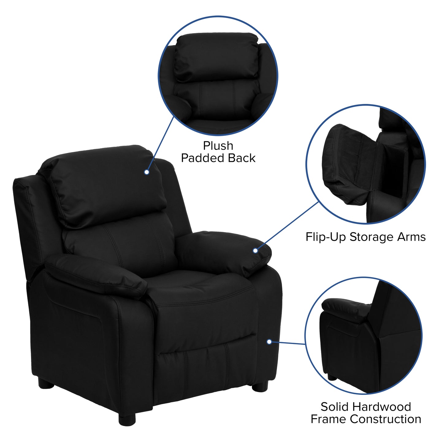 Charlie Deluxe Padded Contemporary Black LeatherSoft Kids Recliner with Storage Arms Black LeatherSoft