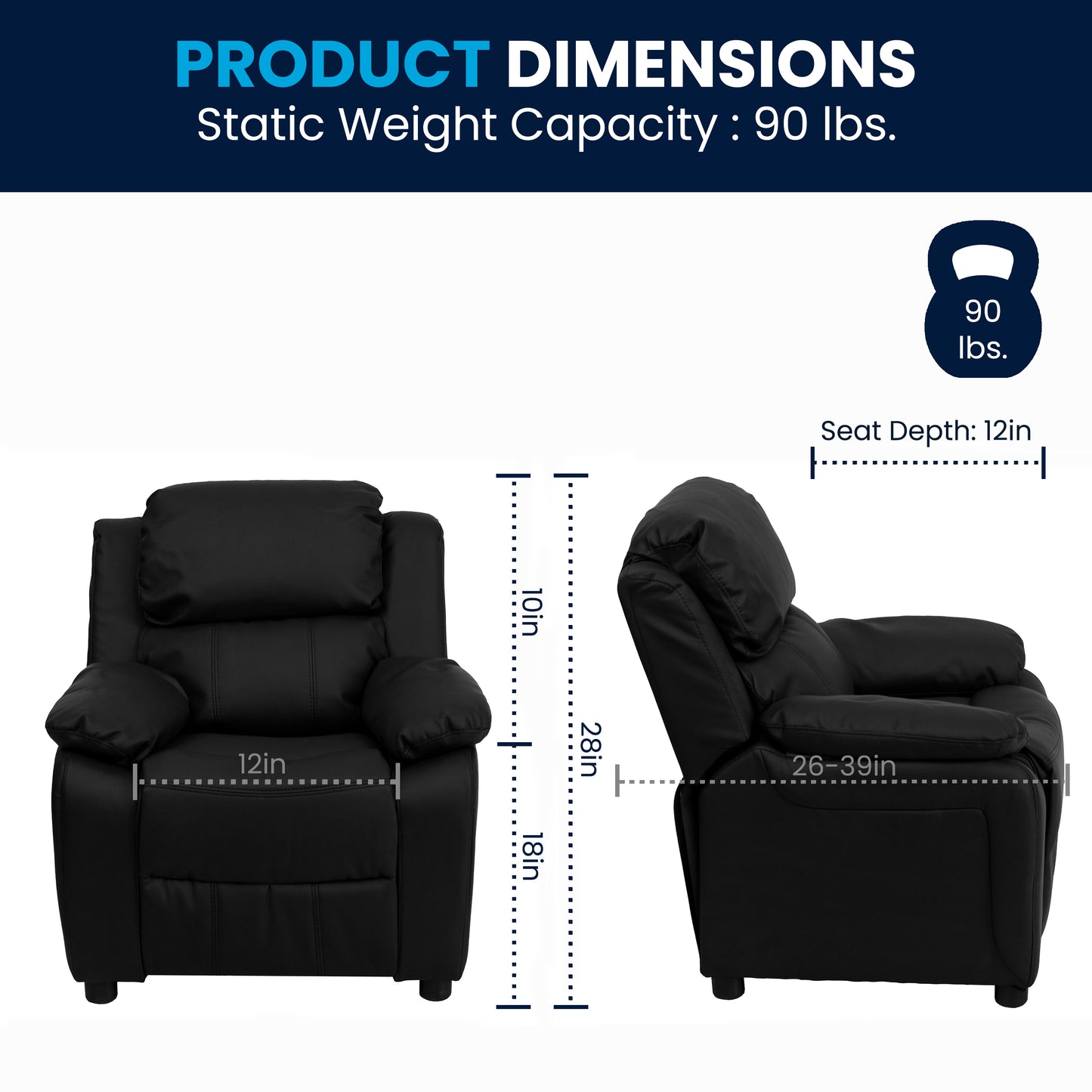 Charlie Deluxe Padded Contemporary Black LeatherSoft Kids Recliner with Storage Arms Black LeatherSoft