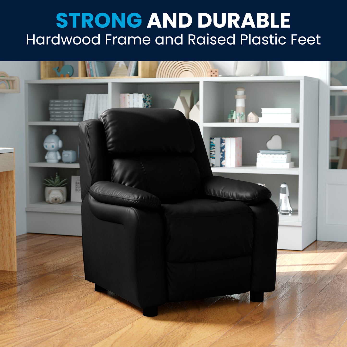 Charlie Deluxe Padded Contemporary Black LeatherSoft Kids Recliner with Storage Arms Black LeatherSoft