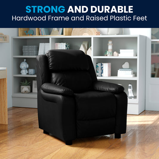 Charlie Deluxe Padded Contemporary Black LeatherSoft Kids Recliner with Storage Arms Black LeatherSoft