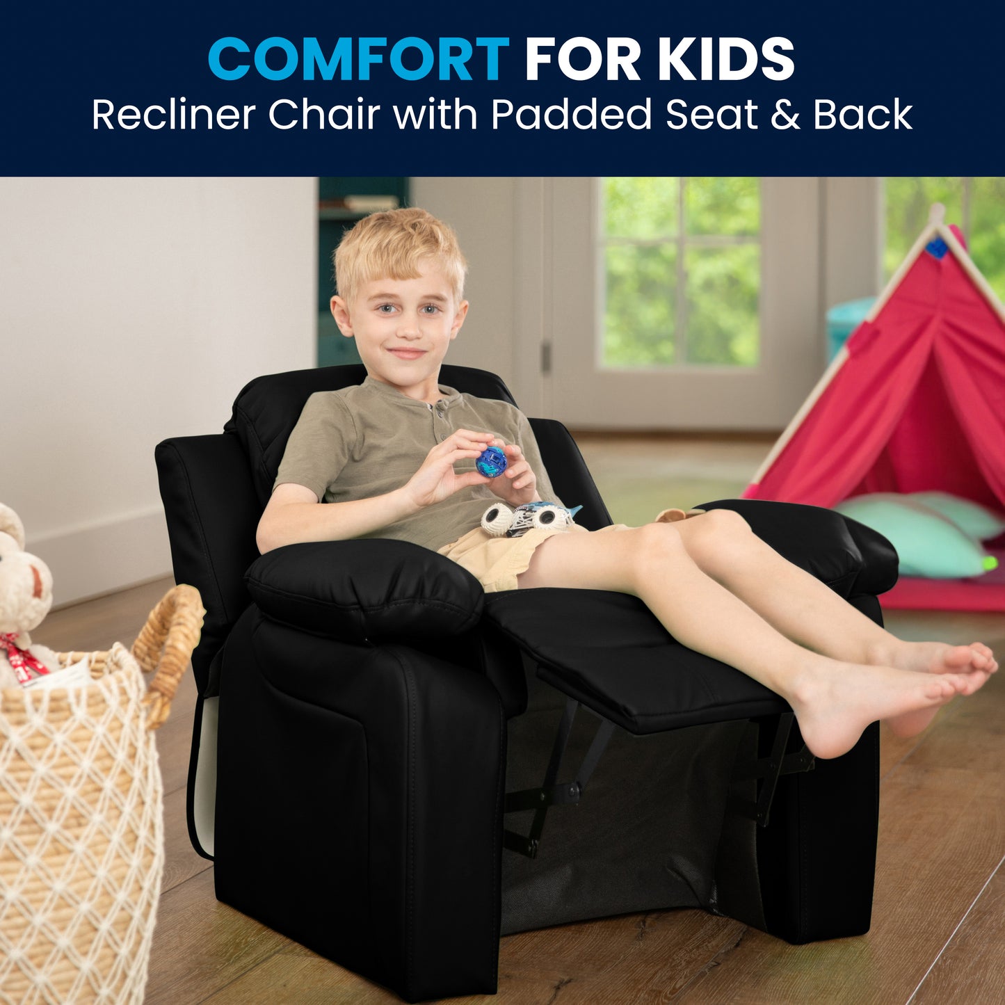 Charlie Deluxe Padded Contemporary Black LeatherSoft Kids Recliner with Storage Arms Black LeatherSoft