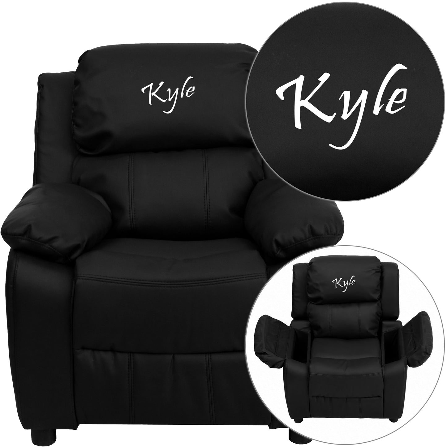 Personalized Deluxe Padded Black LeatherSoft Kids Recliner with Storage Arms Black LeatherSoft