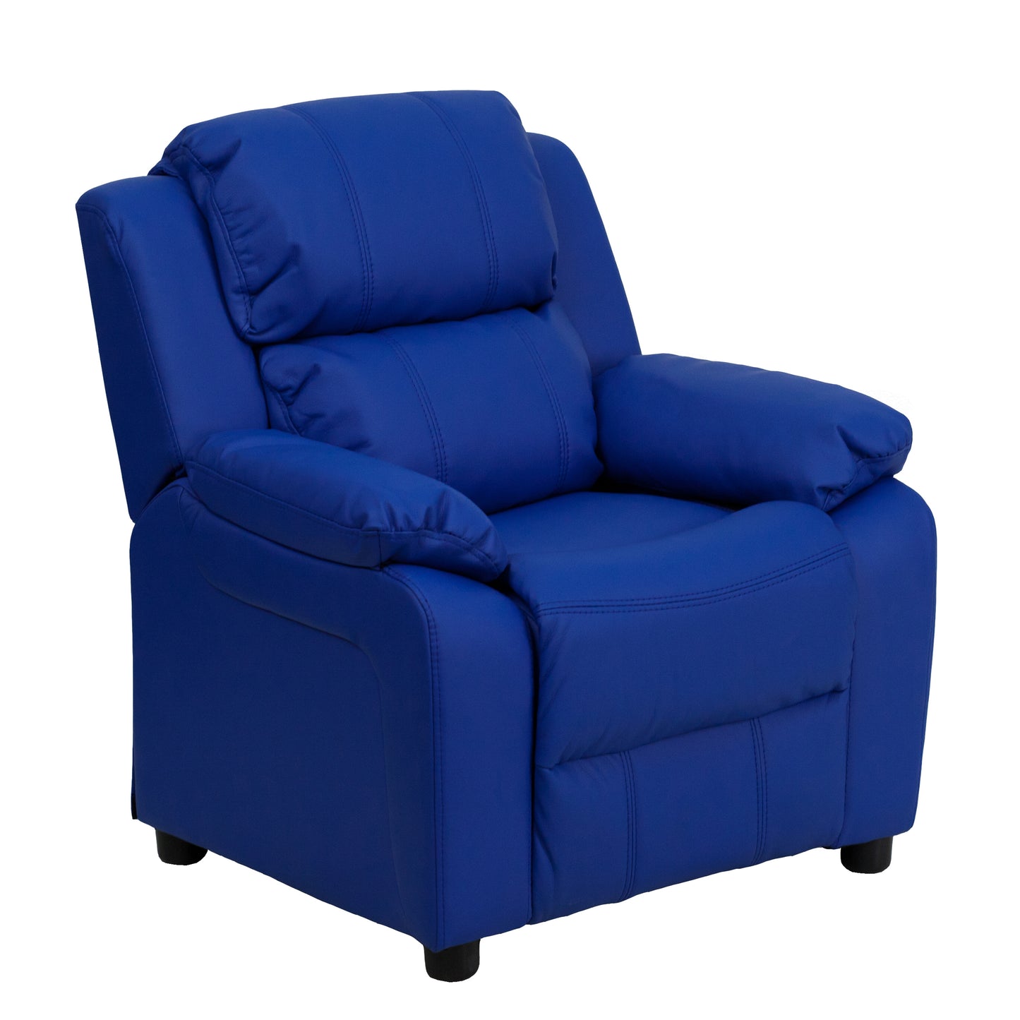 Charlie Deluxe Padded Contemporary Blue Vinyl Kids Recliner with Storage Arms Blue Vinyl