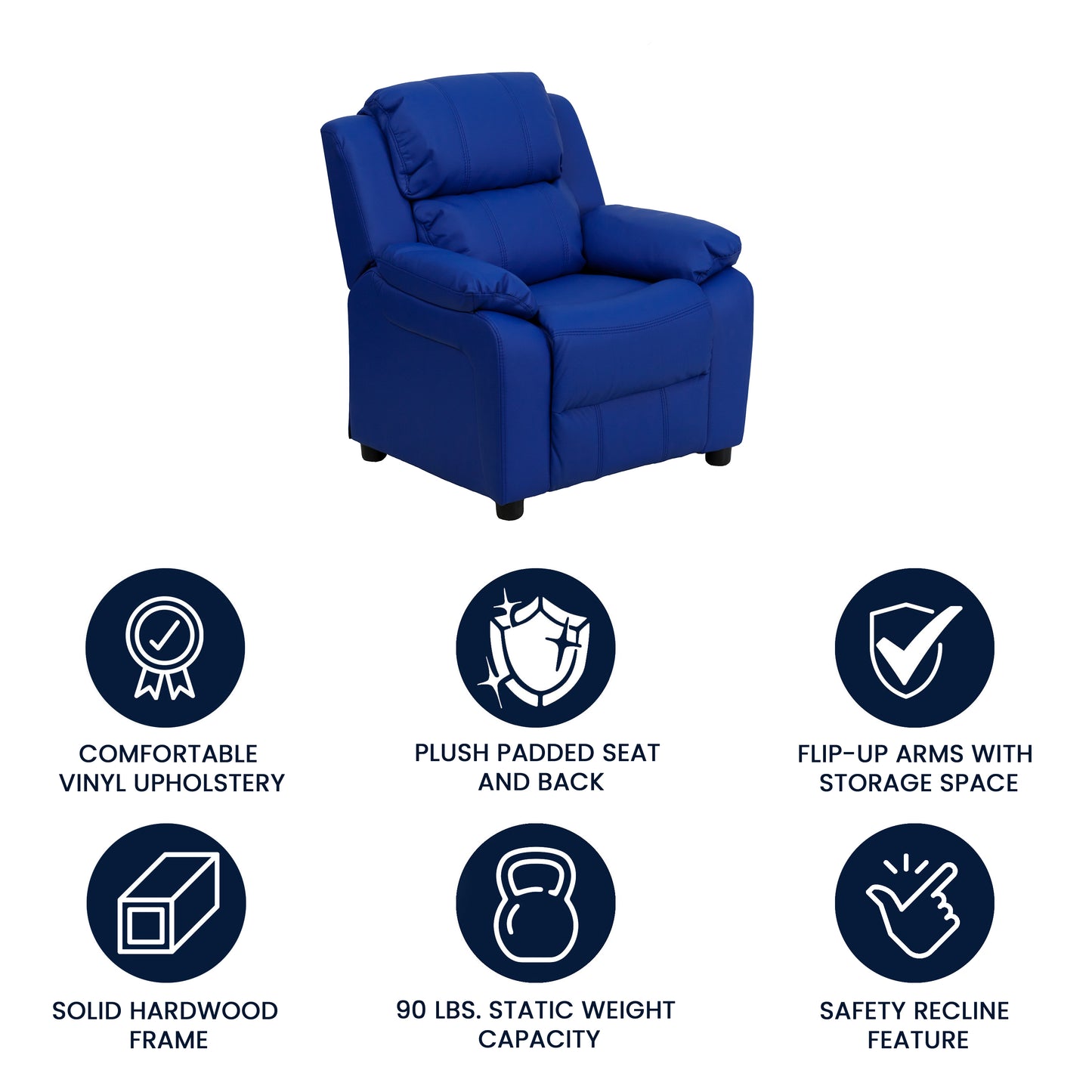 Charlie Deluxe Padded Contemporary Blue Vinyl Kids Recliner with Storage Arms Blue Vinyl