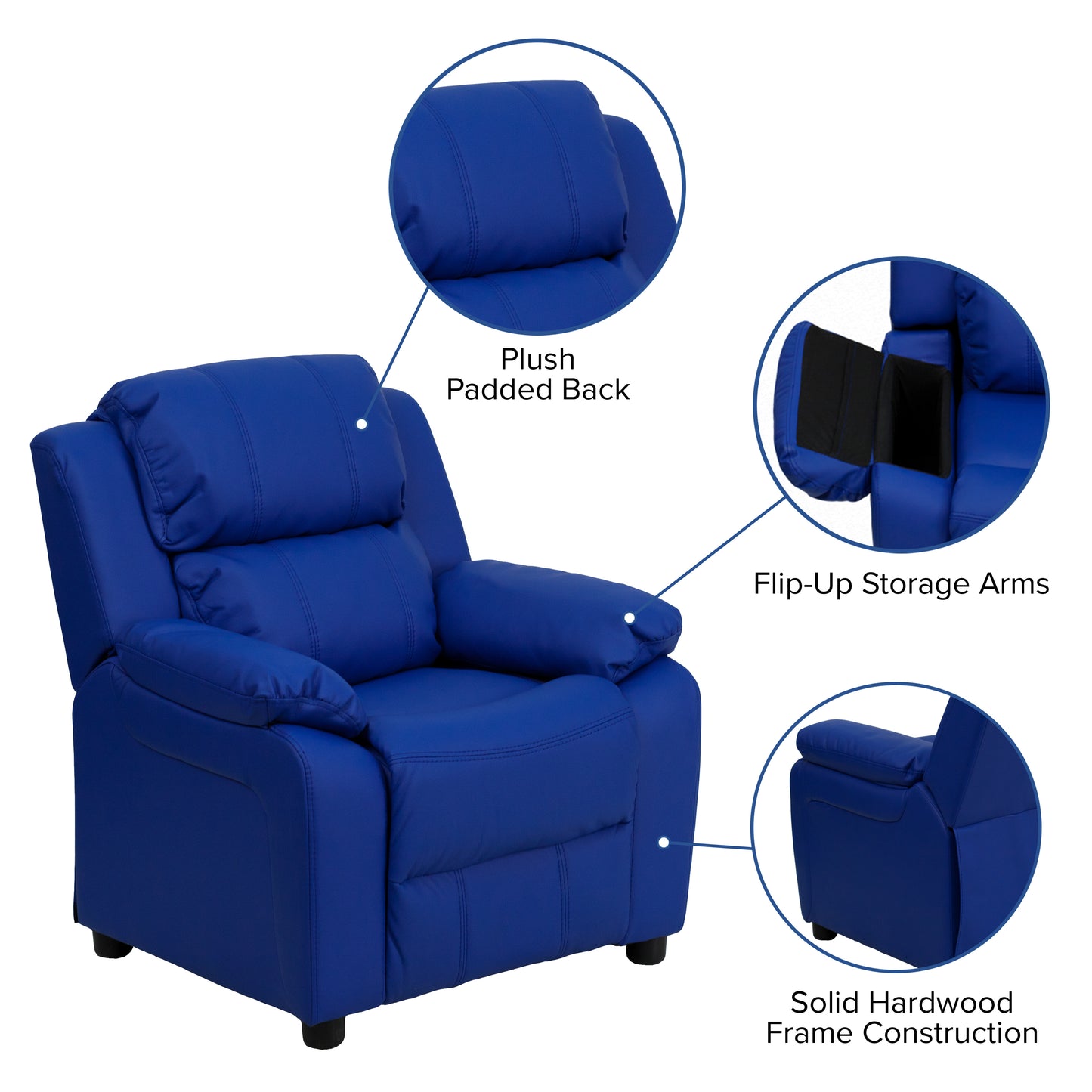 Charlie Deluxe Padded Contemporary Blue Vinyl Kids Recliner with Storage Arms Blue Vinyl