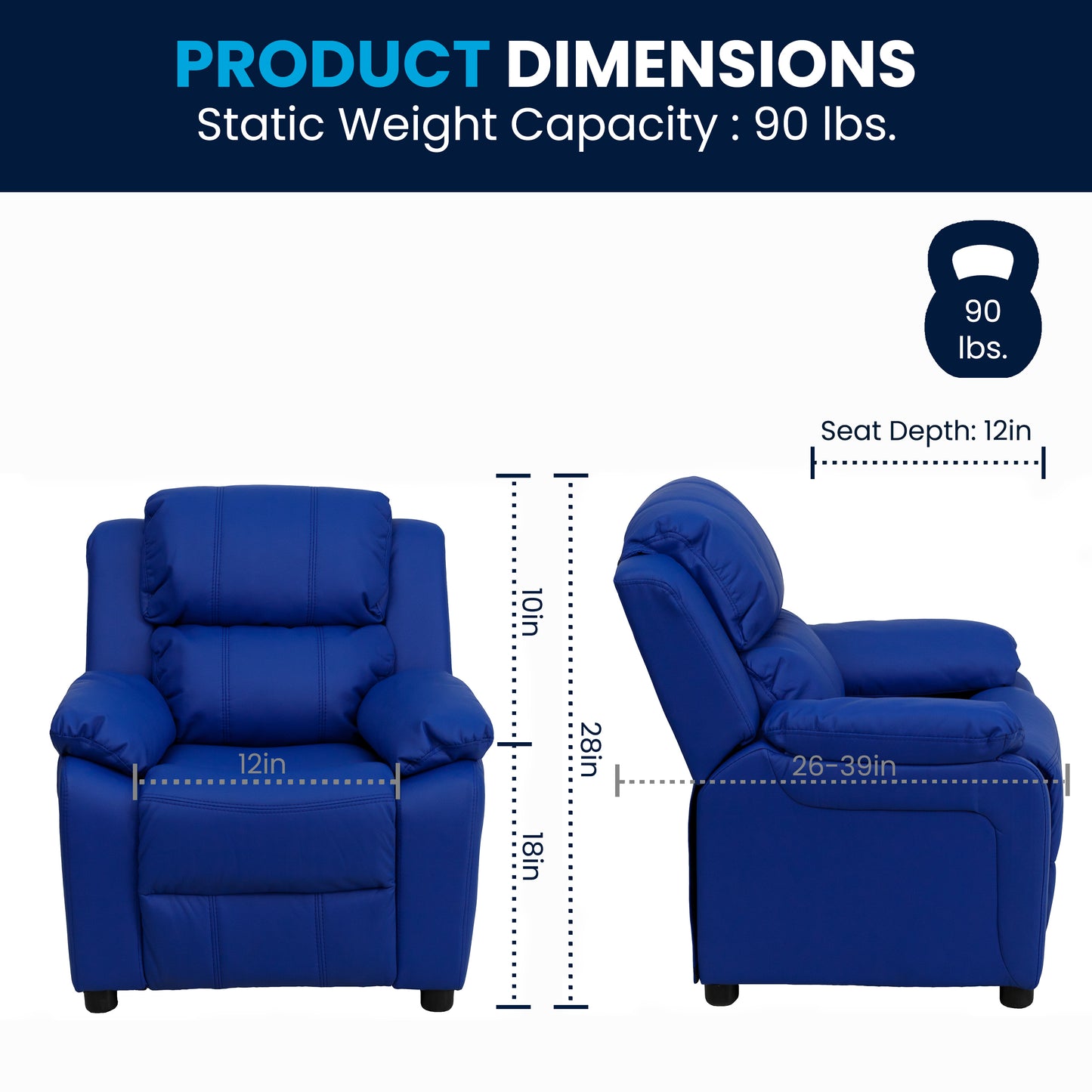 Charlie Deluxe Padded Contemporary Blue Vinyl Kids Recliner with Storage Arms Blue Vinyl