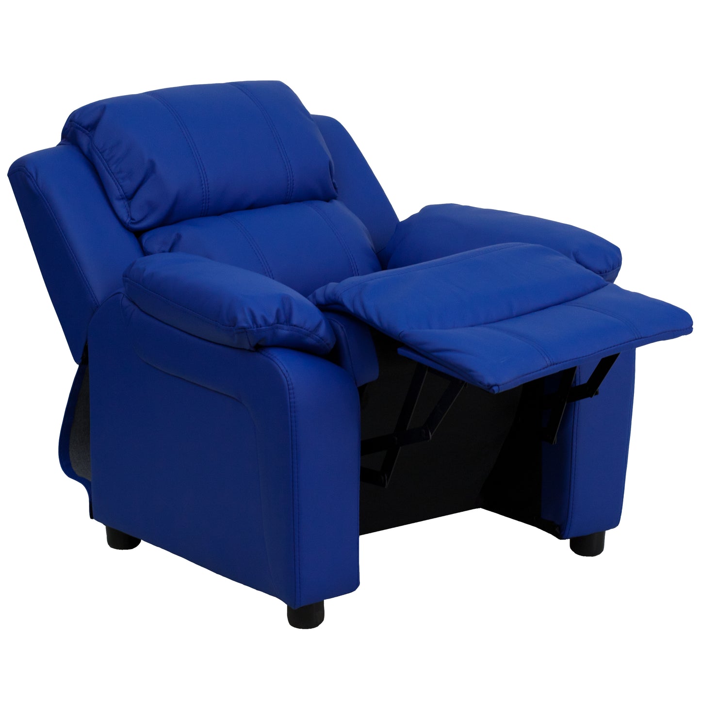 Charlie Deluxe Padded Contemporary Blue Vinyl Kids Recliner with Storage Arms Blue Vinyl