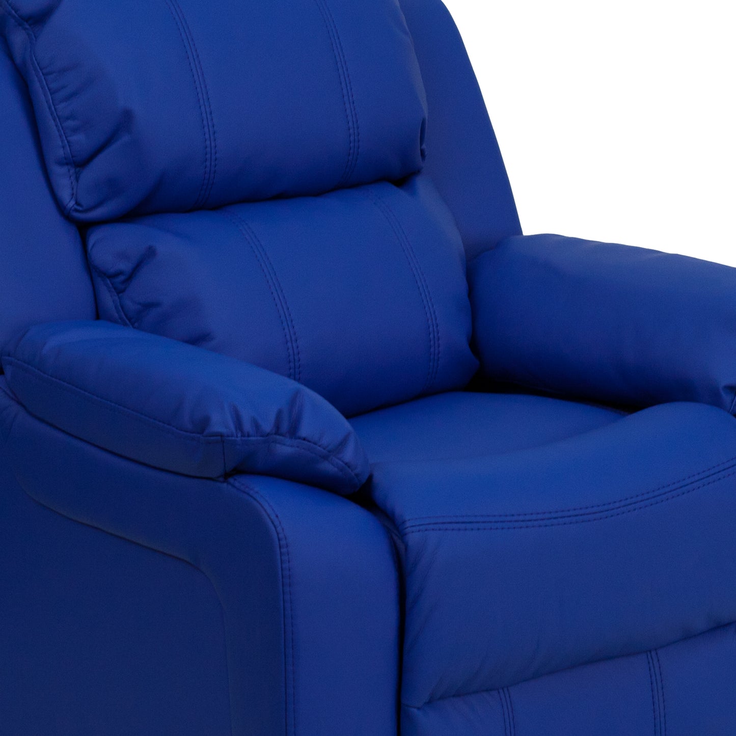 Charlie Deluxe Padded Contemporary Blue Vinyl Kids Recliner with Storage Arms Blue Vinyl