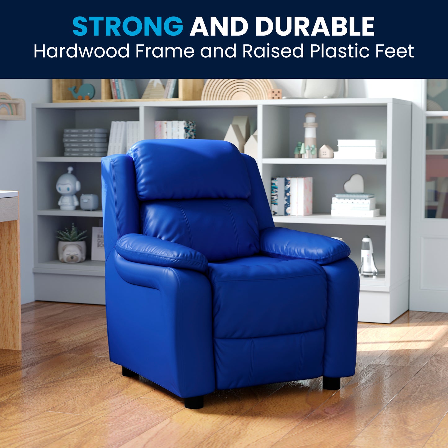 Charlie Deluxe Padded Contemporary Blue Vinyl Kids Recliner with Storage Arms Blue Vinyl