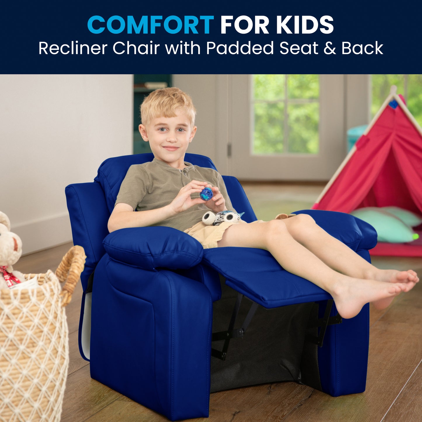 Charlie Deluxe Padded Contemporary Blue Vinyl Kids Recliner with Storage Arms Blue Vinyl