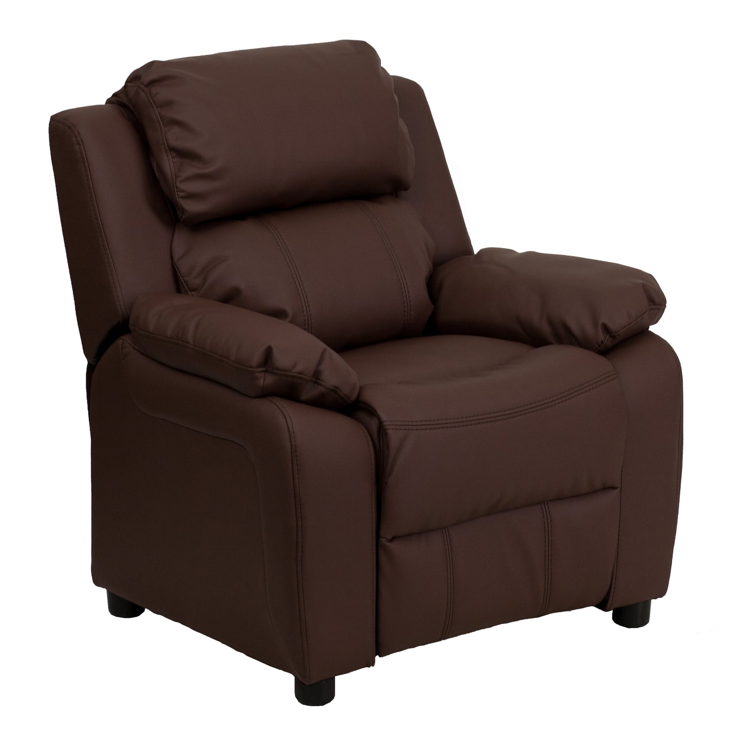 Charlie Deluxe Padded Contemporary Brown LeatherSoft Kids Recliner with Storage Arms Brown LeatherSoft