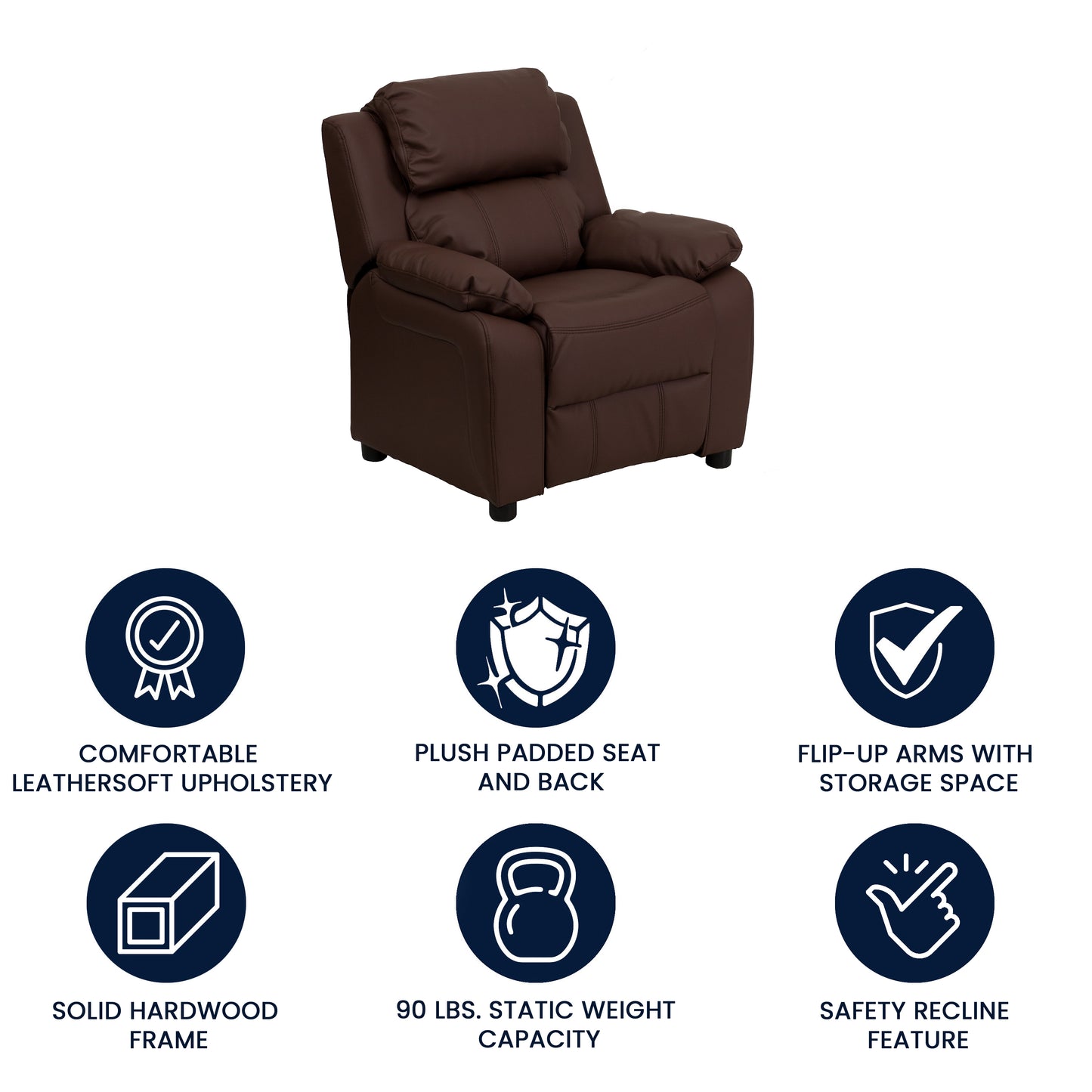 Charlie Deluxe Padded Contemporary Brown LeatherSoft Kids Recliner with Storage Arms Brown LeatherSoft