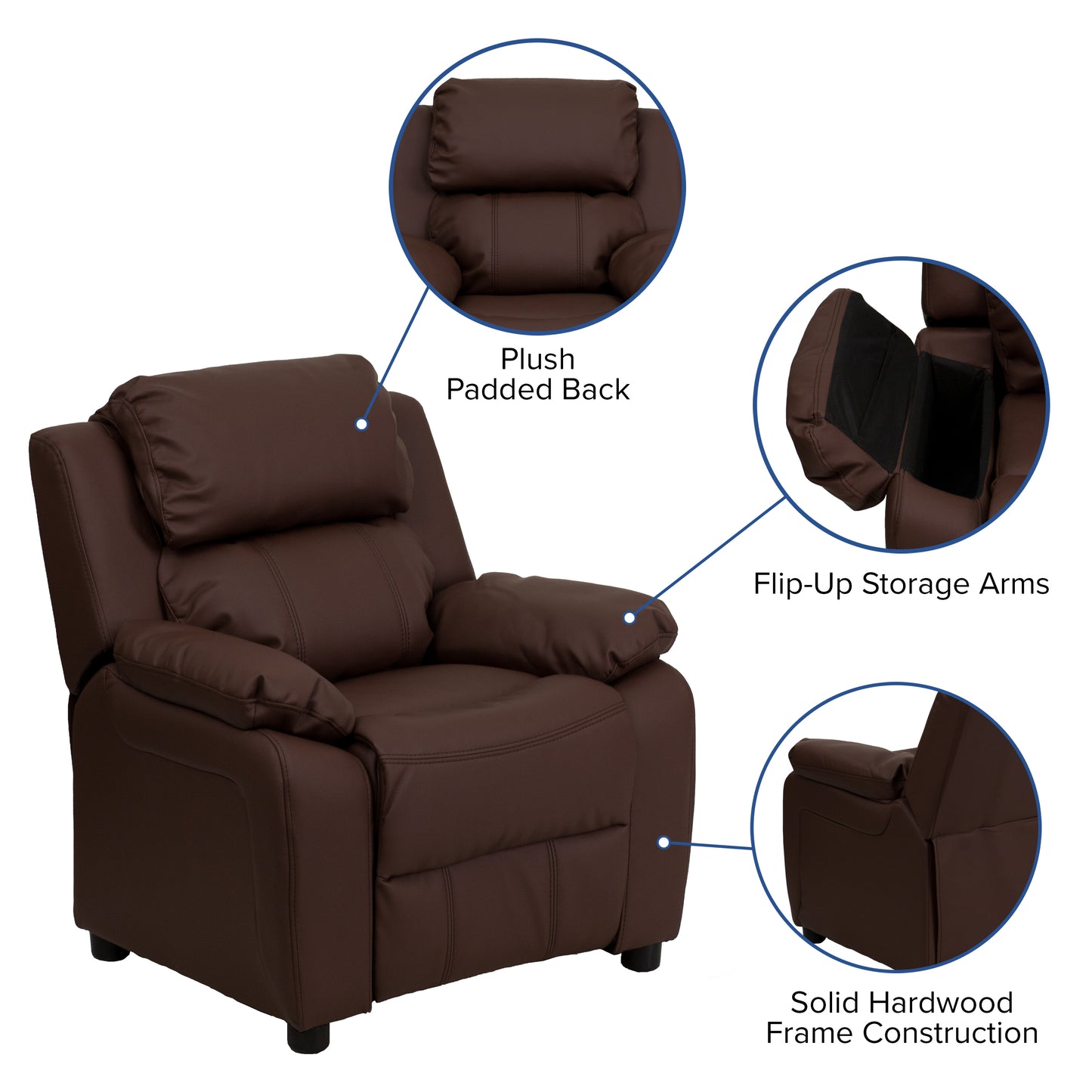Charlie Deluxe Padded Contemporary Brown LeatherSoft Kids Recliner with Storage Arms Brown LeatherSoft