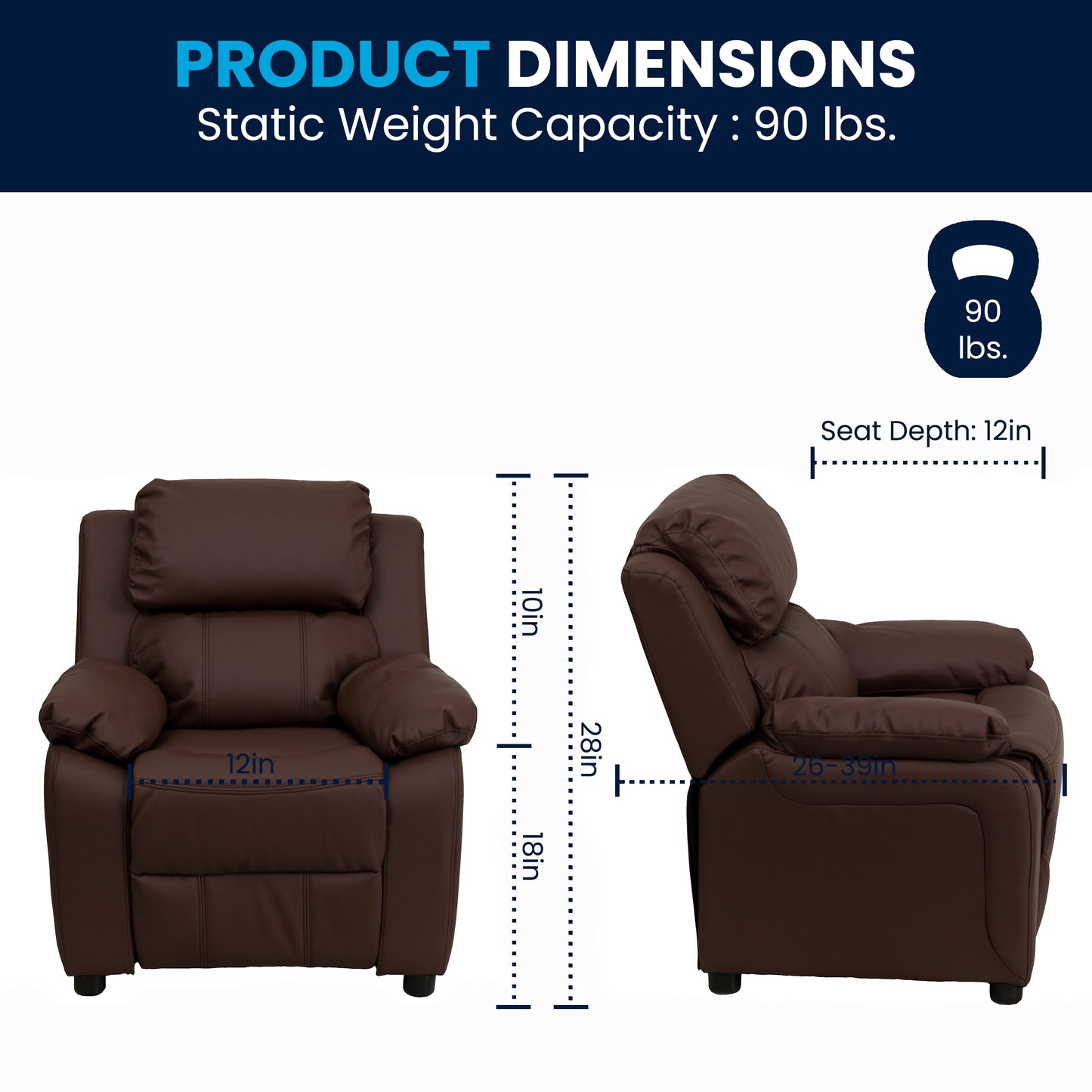 Charlie Deluxe Padded Contemporary Brown LeatherSoft Kids Recliner with Storage Arms Brown LeatherSoft