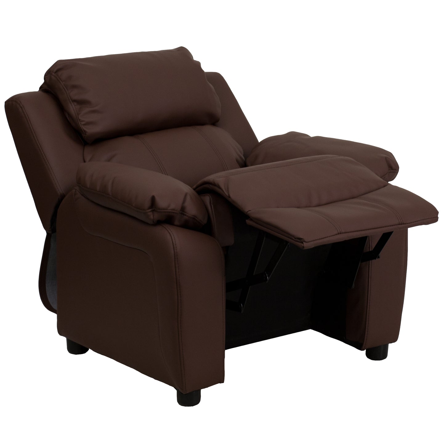 Charlie Deluxe Padded Contemporary Brown LeatherSoft Kids Recliner with Storage Arms Brown LeatherSoft
