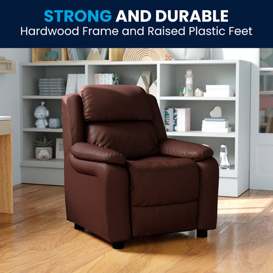 Charlie Deluxe Padded Contemporary Brown LeatherSoft Kids Recliner with Storage Arms Brown LeatherSoft