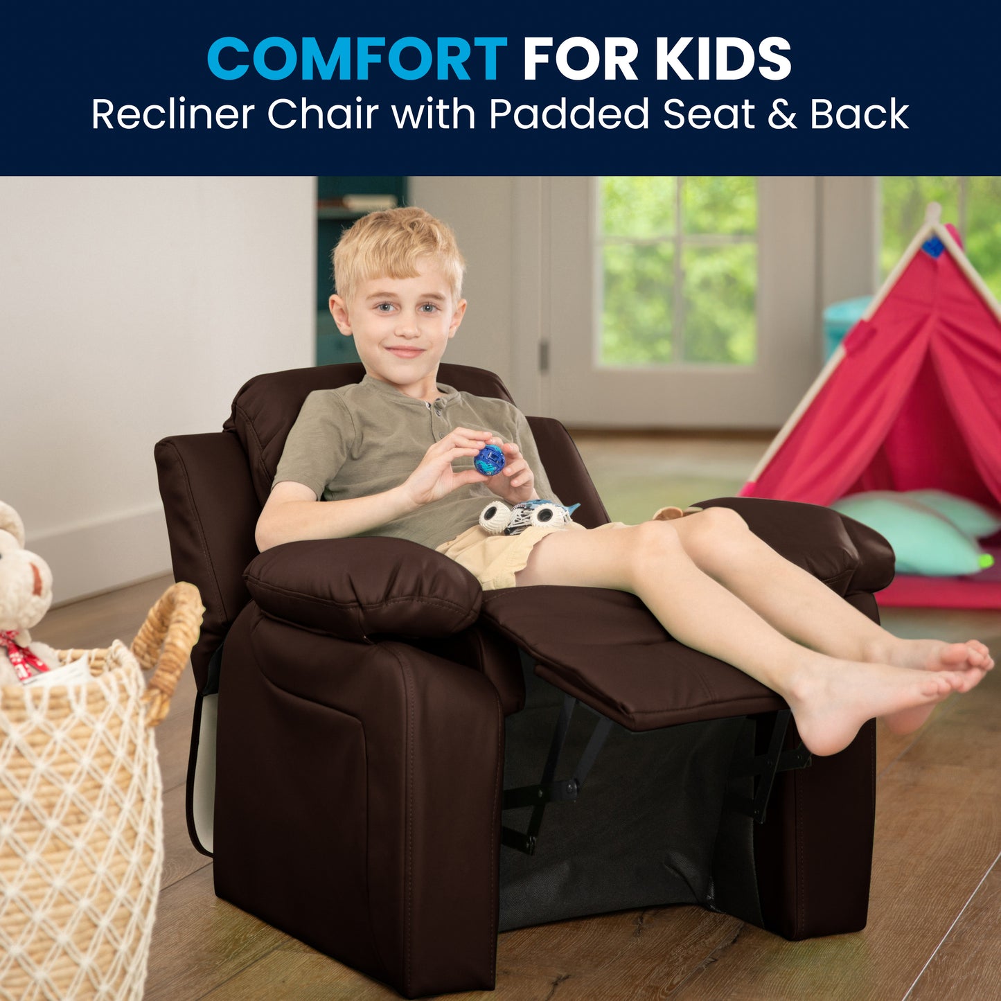 Charlie Deluxe Padded Contemporary Brown LeatherSoft Kids Recliner with Storage Arms Brown LeatherSoft