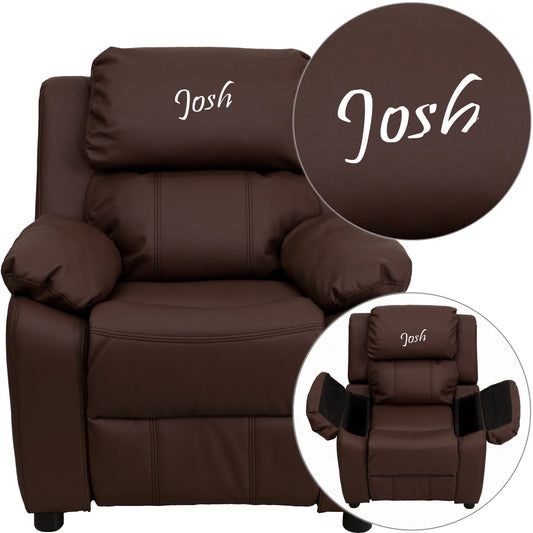 Personalized Deluxe Padded Brown LeatherSoft Kids Recliner with Storage Arms Brown LeatherSoft