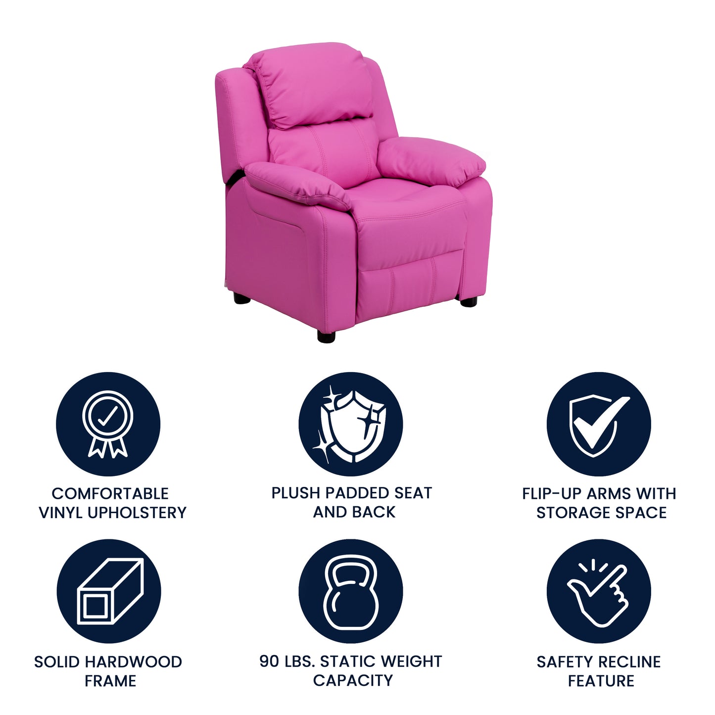 Charlie Deluxe Padded Contemporary Hot Pink Vinyl Kids Recliner with Storage Arms Hot Pink Vinyl BT-7985-KID-HOT-PINK-GG