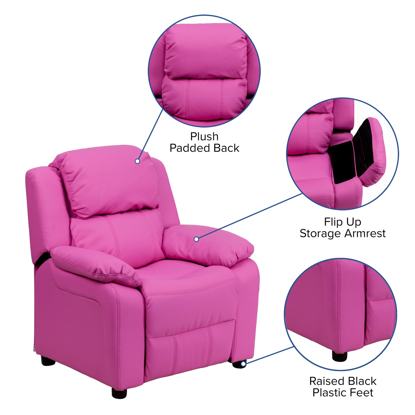 Charlie Deluxe Padded Contemporary Hot Pink Vinyl Kids Recliner with Storage Arms Hot Pink Vinyl BT-7985-KID-HOT-PINK-GG