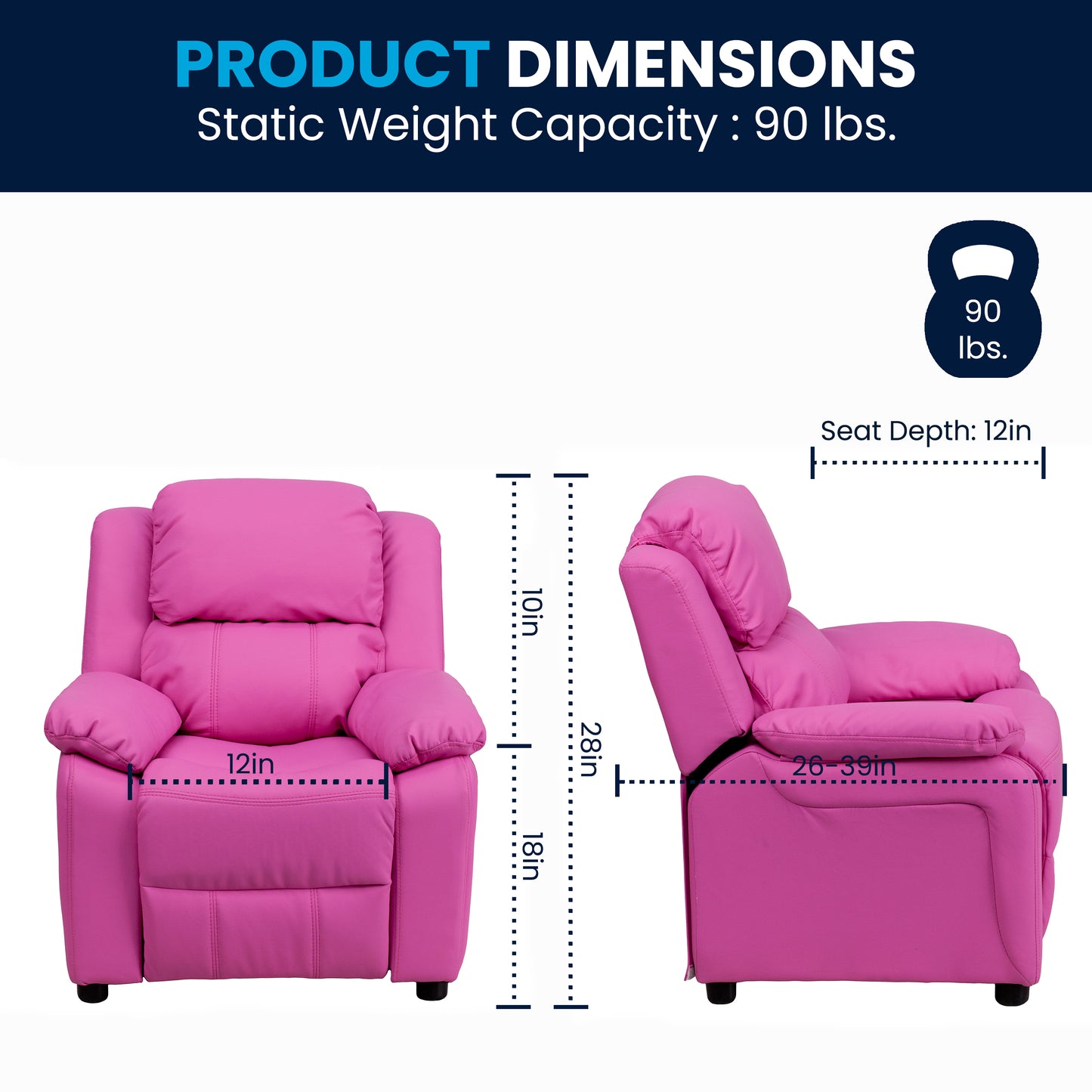 Charlie Deluxe Padded Contemporary Hot Pink Vinyl Kids Recliner with Storage Arms Hot Pink Vinyl BT-7985-KID-HOT-PINK-GG