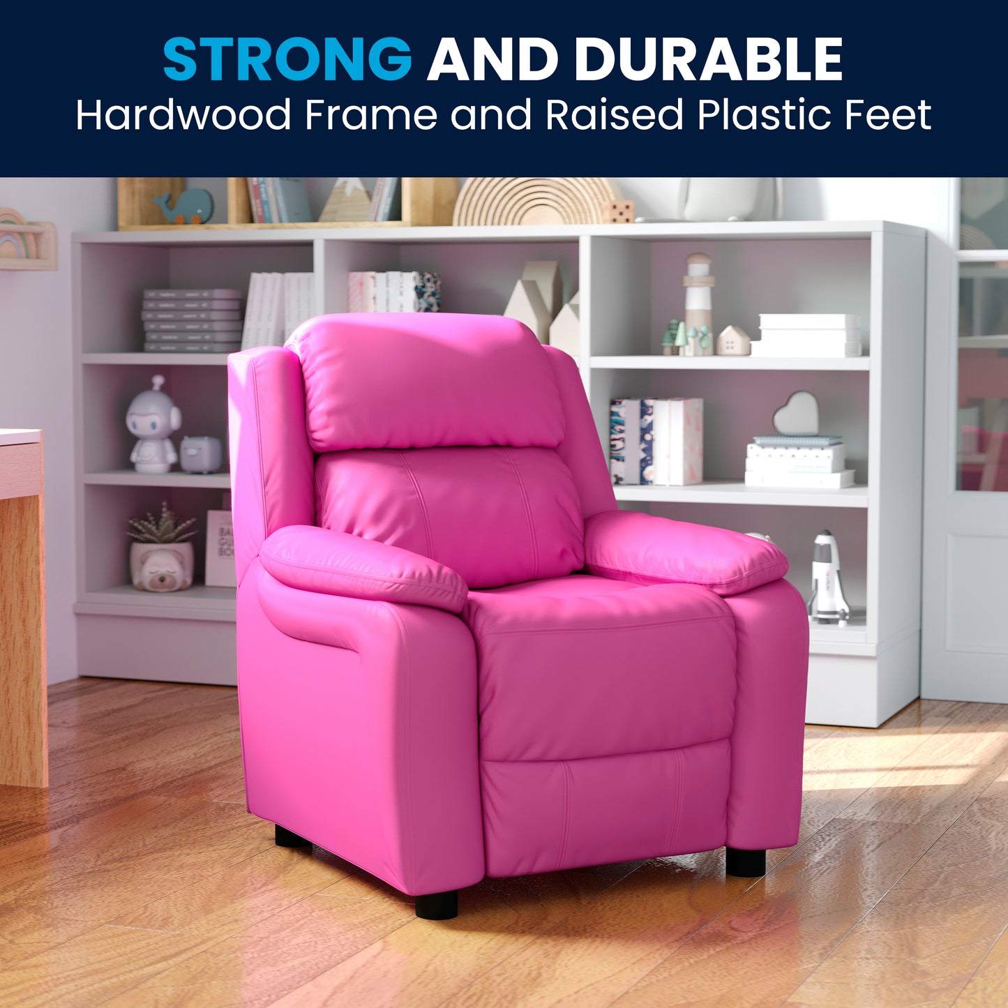 Charlie Deluxe Padded Contemporary Hot Pink Vinyl Kids Recliner with Storage Arms Hot Pink Vinyl BT-7985-KID-HOT-PINK-GG