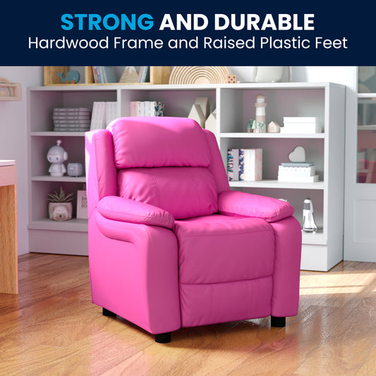 Charlie Deluxe Padded Contemporary Hot Pink Vinyl Kids Recliner with Storage Arms Hot Pink Vinyl