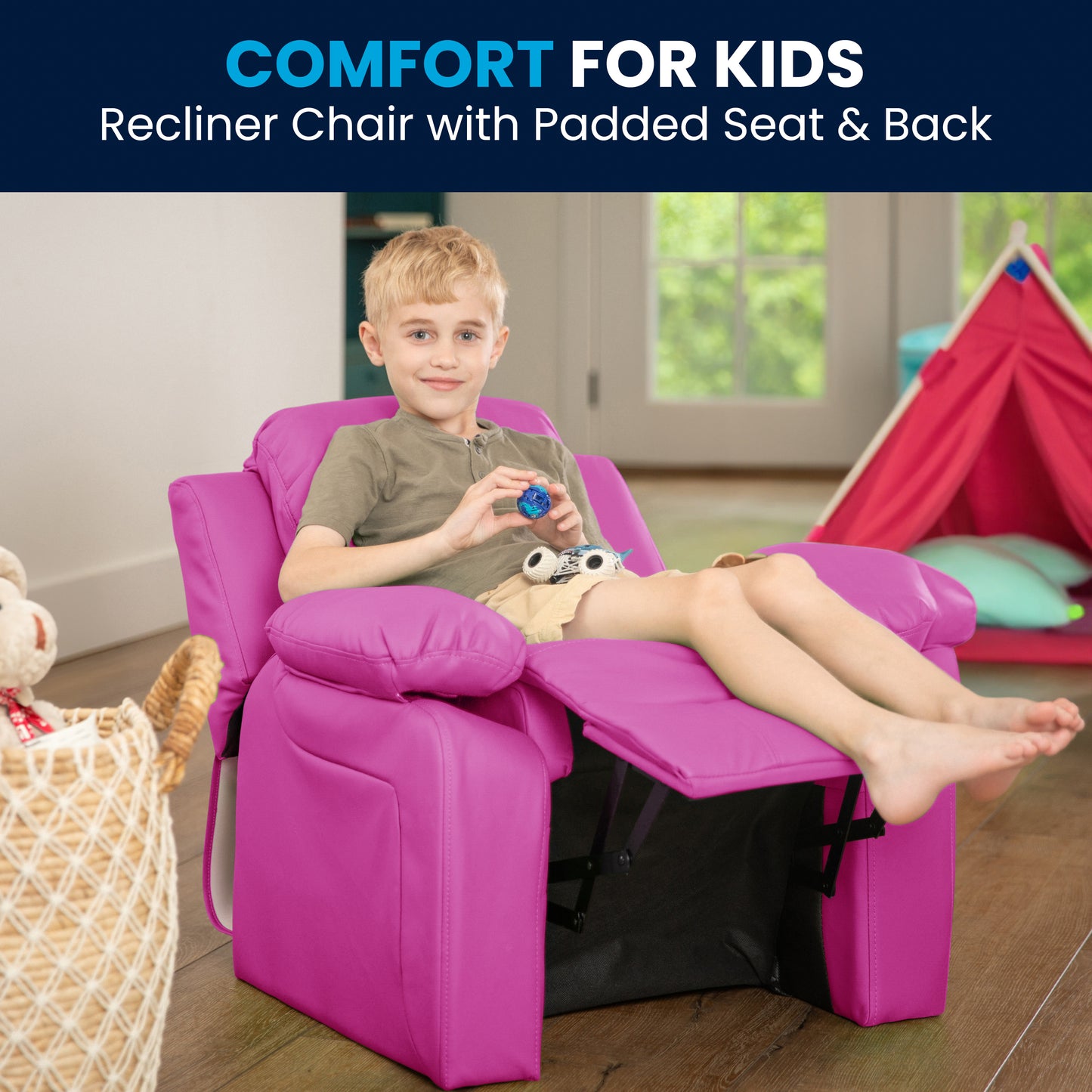 Charlie Deluxe Padded Contemporary Hot Pink Vinyl Kids Recliner with Storage Arms Hot Pink Vinyl BT-7985-KID-HOT-PINK-GG