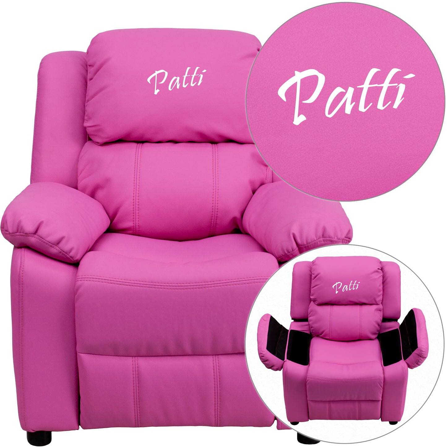 Personalized Deluxe Padded Hot Pink Vinyl Kids Recliner with Storage Arms Hot Pink Vinyl